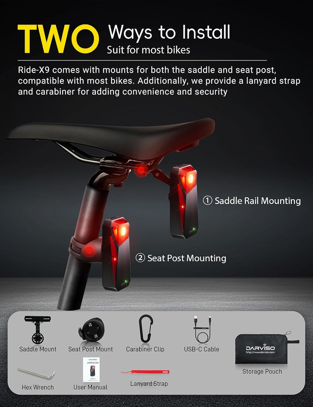 Ride-X9 Bike Radar Tail Light, Smart Rear Bike Light with 120° Lane-Level Vehicle Detection, Security Alerts & Auto Brake, USB-C Rechargeable, IP67 Waterproof, APP Display & Bike Computer Compatible