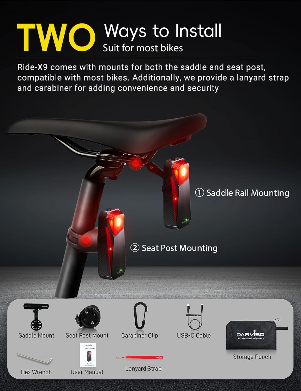 Ride-X9 Bike Radar Tail Light, Smart Rear Bike Light with 120° Lane-Level Vehicle Detection, Security Alerts & Auto Brake, USB-C Rechargeable, IP67 Waterproof, APP Display & Bike Computer Compatible