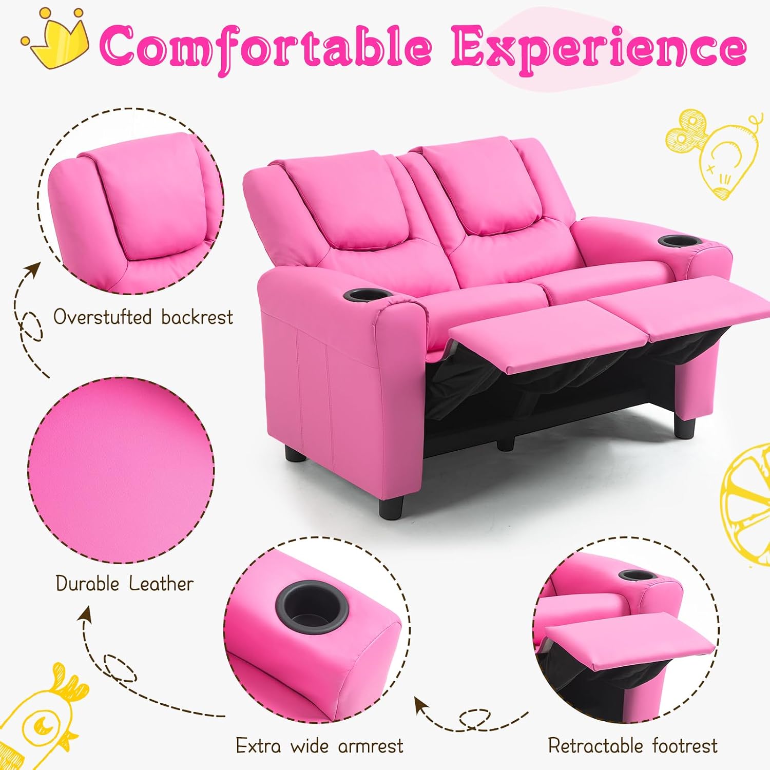 AVAWING Kids Recliner Chair, Double Kids Sofa Chair w/Cup Holder PU Leather, Toddler Loveseat Couch w/Adjustable Footrest & Headrest for Boys Girls 3+ Age Group, Pink