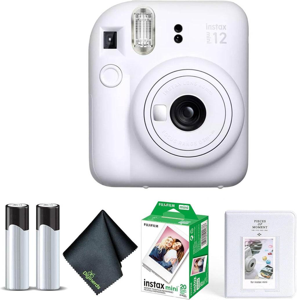 Fujifilm Instax Mini 12 Instant Camera Clay White Bundle with Fuji Instax Mini Film Value Pack (20 Sheets) + Photo Album + Microfiber Cleaning Cloth