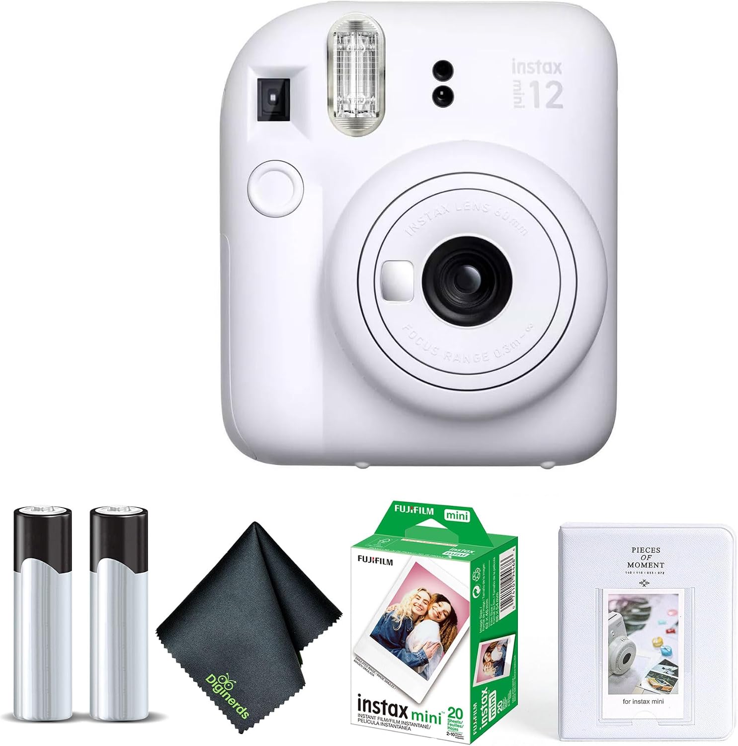 Fujifilm Instax Mini 12 Instant Camera Clay White Bundle with Fuji Instax Mini Film Value Pack (20 Sheets) + Photo Album + Microfiber Cleaning Cloth
