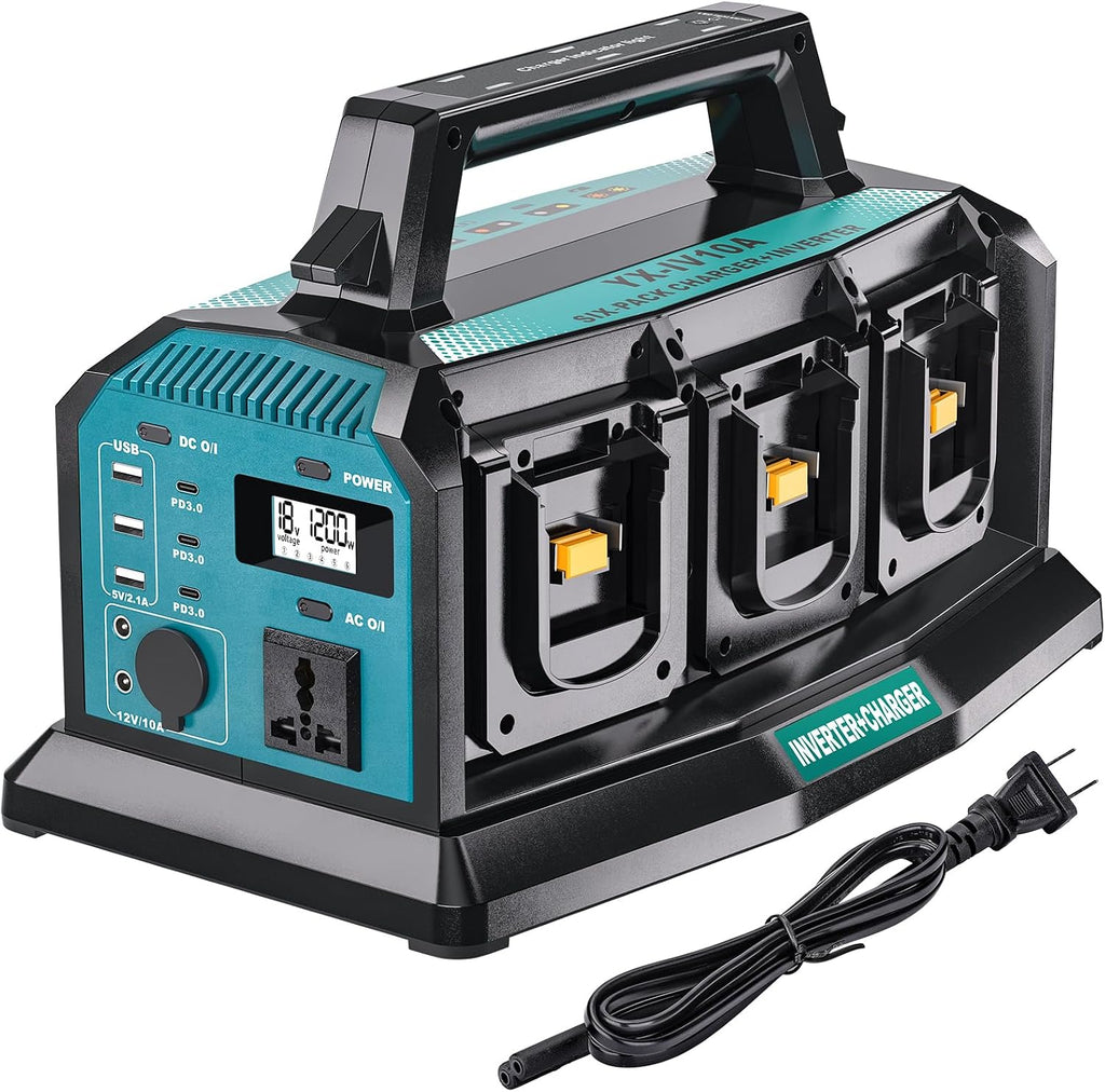 2-in-1 Portable Inverter Charger, 1200W Pure Sine Wave Inverter & 6A Rapid Charger for Makita 18V Battery, 6-Port DC to AC 120V Converter, 3 USB-A + 3 USB-C, 300lm LED Light for RV Camp Off-Grid