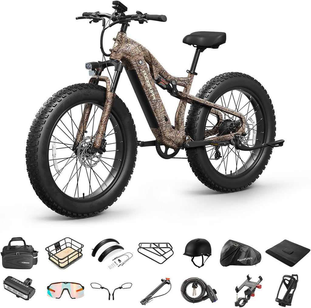 PUCKIPUPPY Electric Bike for Adults 28 MPH, 750W | 1350W Peak, Torque Sensor, 80 Miles Range, 26'x4' Fat Tire Electric Dirt Bike, Full Suspension Electric Mountain Bike, 8 Speed Ebike Labrador Pro