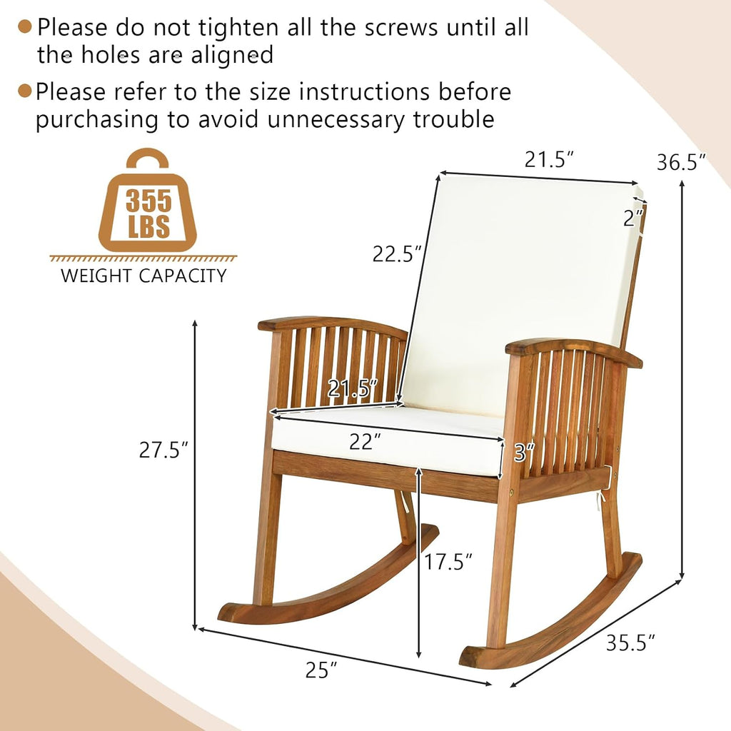 2PCS Rocking Chair Outdoor, Acacia Wooden Rocker Chair with Seat and Back Cushion, Armrests, Comfortable Porch Rocking Chair with 355Lbs Support for Lawn, Patio, Backyard, Garden, Deck, Indoor