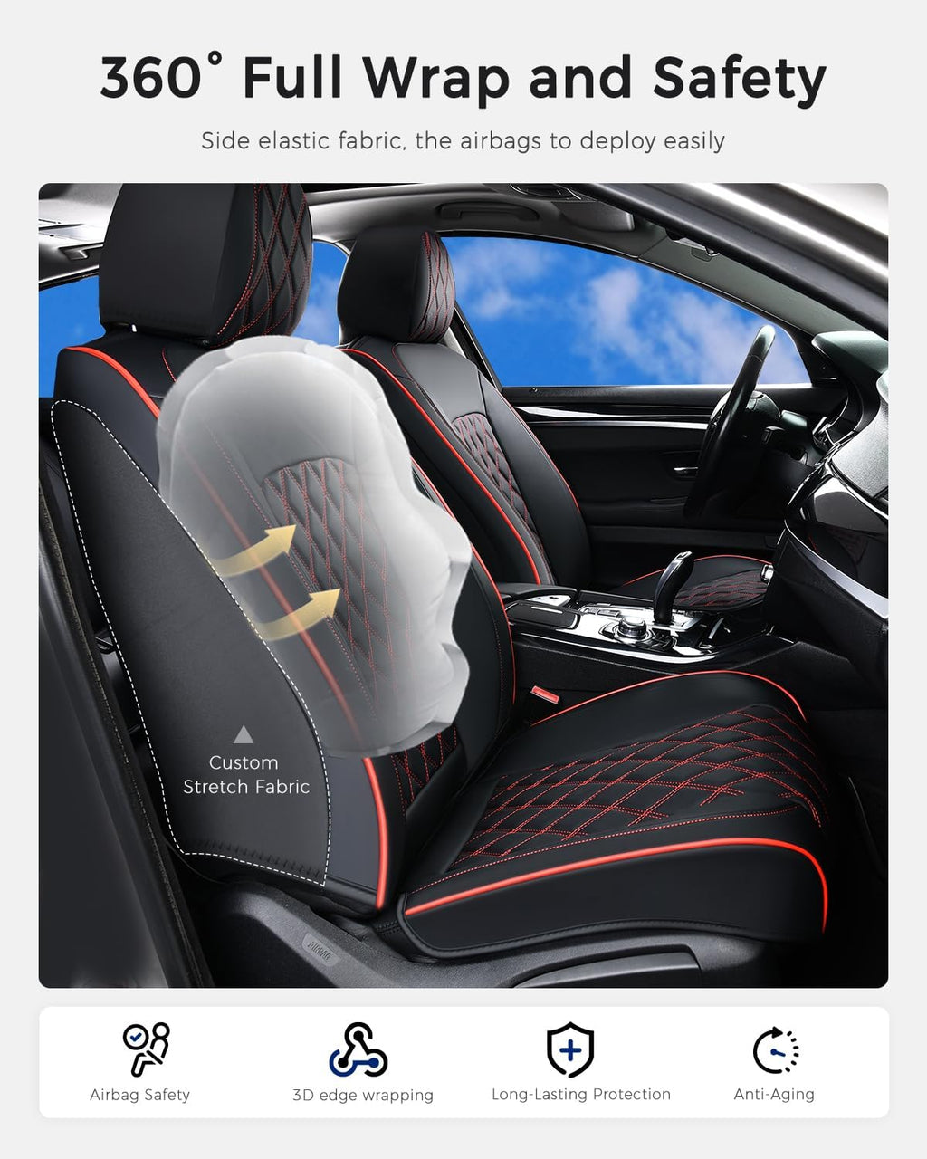 Huidasource Seat Covers, Nappa Leather Car Seat Covers, Velcro Adjustable, Compatible with Airbags, Child Seat, Seat Belts, Fit for Most Cars, Vans, Trucks, SUVs (Full Set/Black&Red)
