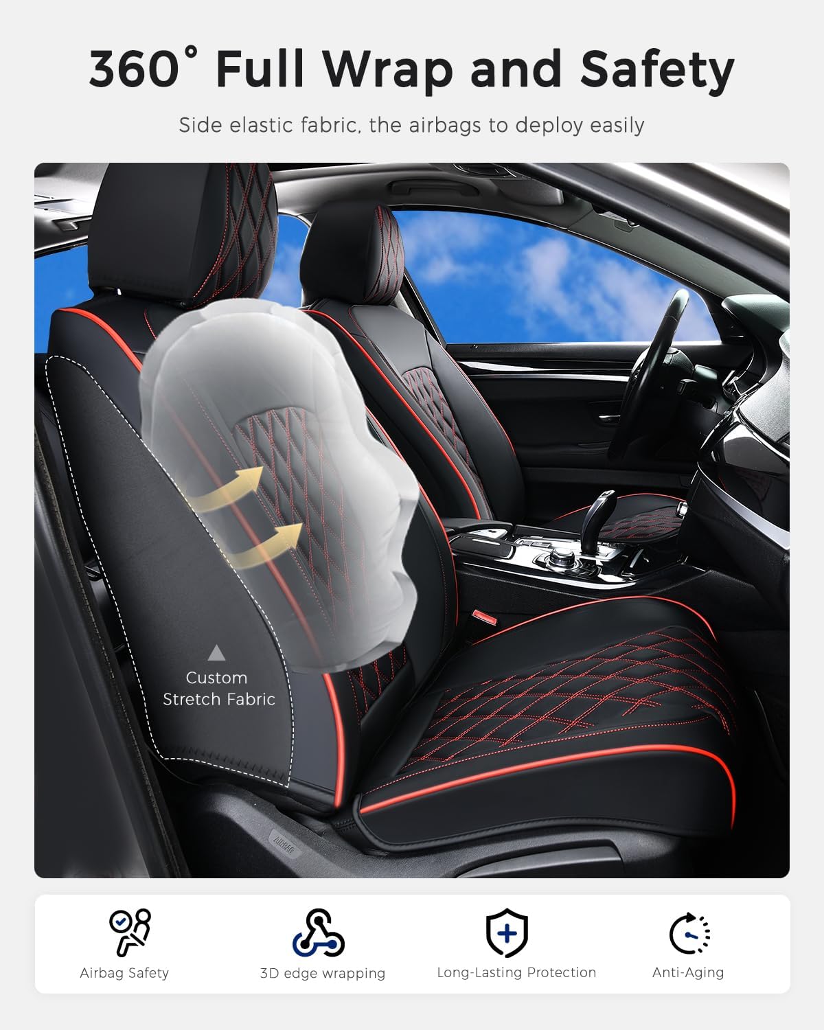 Huidasource Seat Covers, Nappa Leather Car Seat Covers, Velcro Adjustable, Compatible with Airbags, Child Seat, Seat Belts, Fit for Most Cars, Vans, Trucks, SUVs (Full Set/Black&Red)