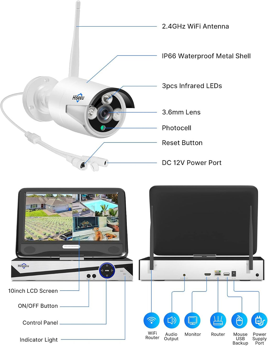 [16CH Expandable] Hiseeu Wireless Security Camera System with 10in LCD 4K Monitor, 4Pcs 5MP Outdoor Indoor Cameras with One-Way Audio, Waterproof, Motion Detect, 1TB HDD/Cloud Storage, Work with Alexa