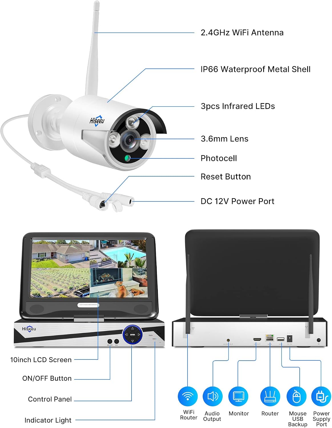 [16CH Expandable] Hiseeu Wireless Security Camera System with 10in LCD 4K Monitor, 4Pcs 5MP Outdoor Indoor Cameras with One-Way Audio, Waterproof, Motion Detect, 1TB HDD/Cloud Storage, Work with Alexa