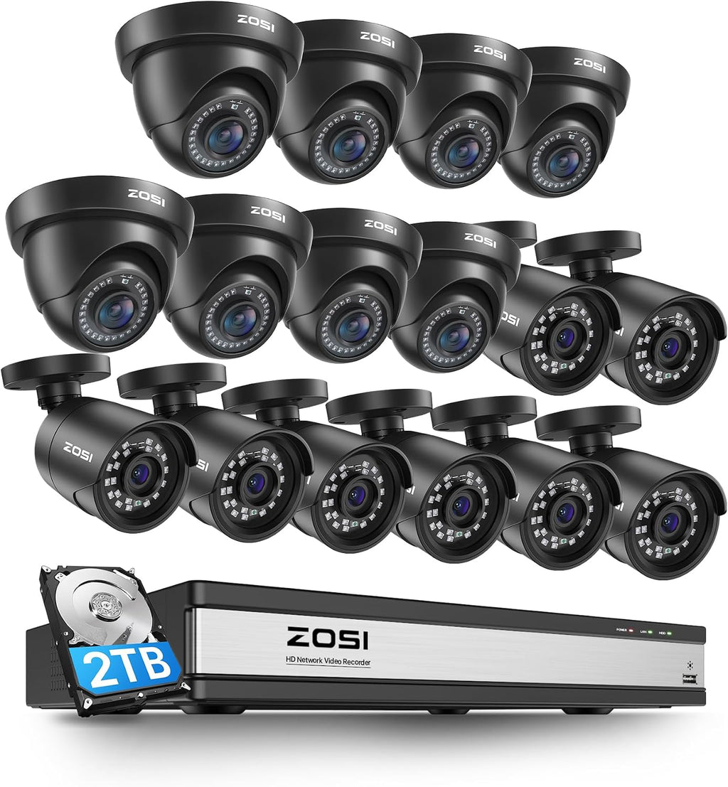 ZOSI 1080p 16 Channel Surveillance Security Camera System with AI Human Vehicle Detect, 16 x 2MP Weatherproof Bullet Dome Camera Outdoor Indoor, H.265+ CCTV DVR, Night Vision, Remote Access, 2TB HDD