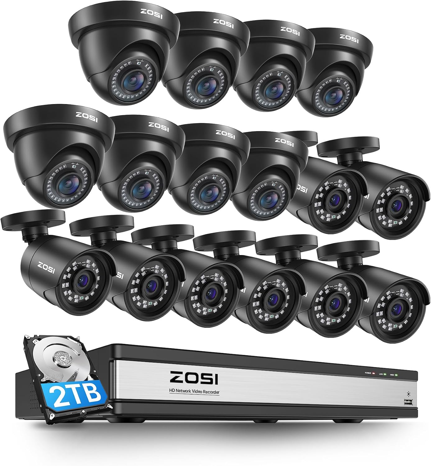 ZOSI 1080p 16 Channel Surveillance Security Camera System with AI Human Vehicle Detect, 16 x 2MP Weatherproof Bullet Dome Camera Outdoor Indoor, H.265+ CCTV DVR, Night Vision, Remote Access, 2TB HDD