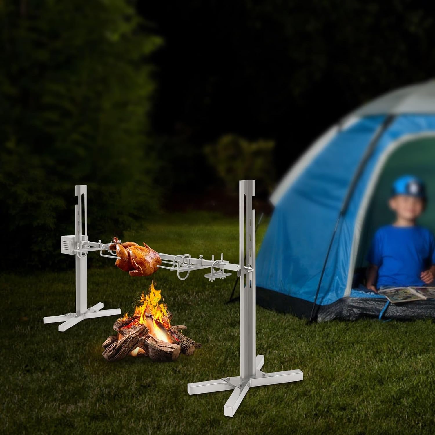 Splicable Rotisserie Grill Kit Electric Barbecue Grill with 25W Motor Stainless Steel Roaster Stand Height Adjustable Outdoor BBQ Tool