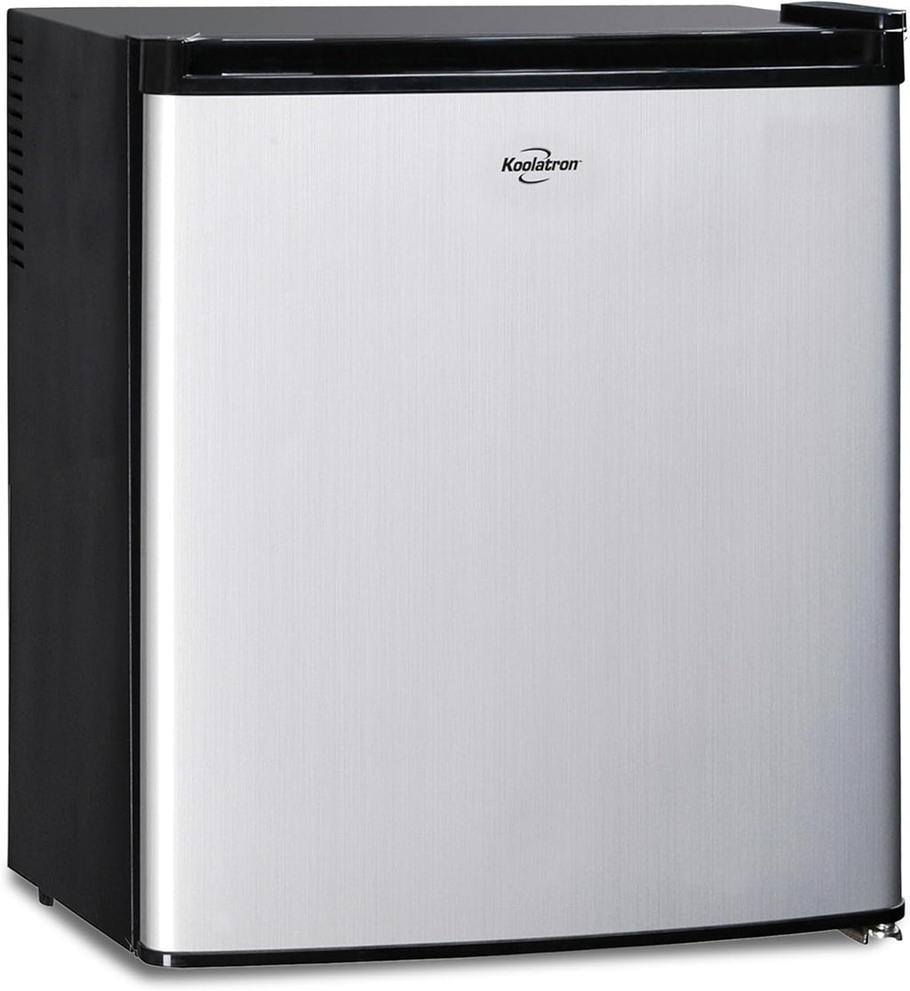 Koolatron Stainless Steel Compact Fridge with Freezer, 1.7 Cubic Feet (48 L) Capacity, Silver and Black, for Snacks, Frozen Meals, Beverages, Juice, Beer, Den, Dorm, Office, Games Room, or RV