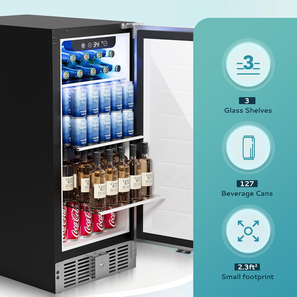 EUHOMY Beverage Refrigerator 15 Inch, Under Counter 127 Can Beverage Fridge with Stainless Steel Door, Beverage Cooler Built-in and Undercounter Drink Fridge - Soda Cola