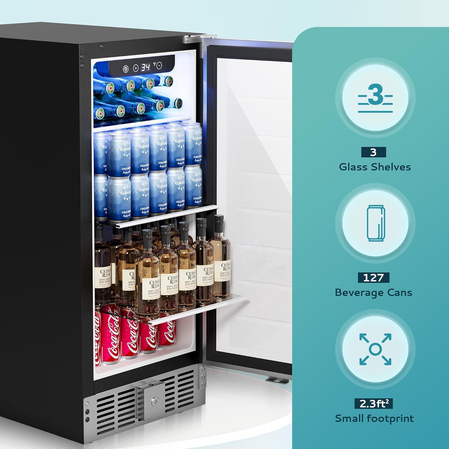 EUHOMY Beverage Refrigerator 15 Inch, Under Counter 127 Can Beverage Fridge with Stainless Steel Door, Beverage Cooler Built-in and Undercounter Drink Fridge - Soda Cola