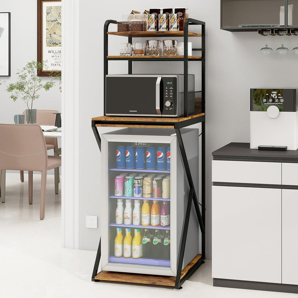 PUNCIA 4-Tier Mini Fridge Stand with Power Outlet & Storage, Coffee Bar Organizer, Refrigerator Cabinet & Microwave Shelf, Bakers Rack for Kitchen, Office, Dorm, Pantry, Apartment (Retro)