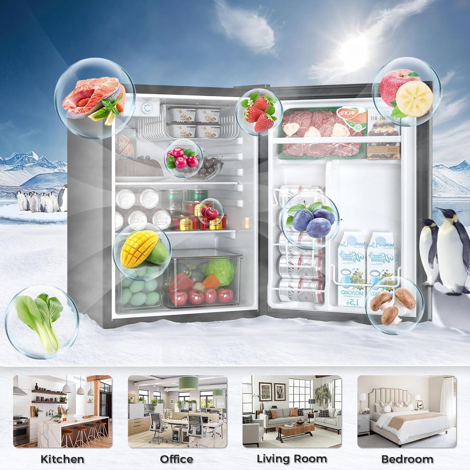 Antarctic Star Mini Compact Refrigerator with Freezer, 2.6 Cu.Ft. Single Door Adjustable Removable Shelves for Apartment/Dorm/Office,Silver
