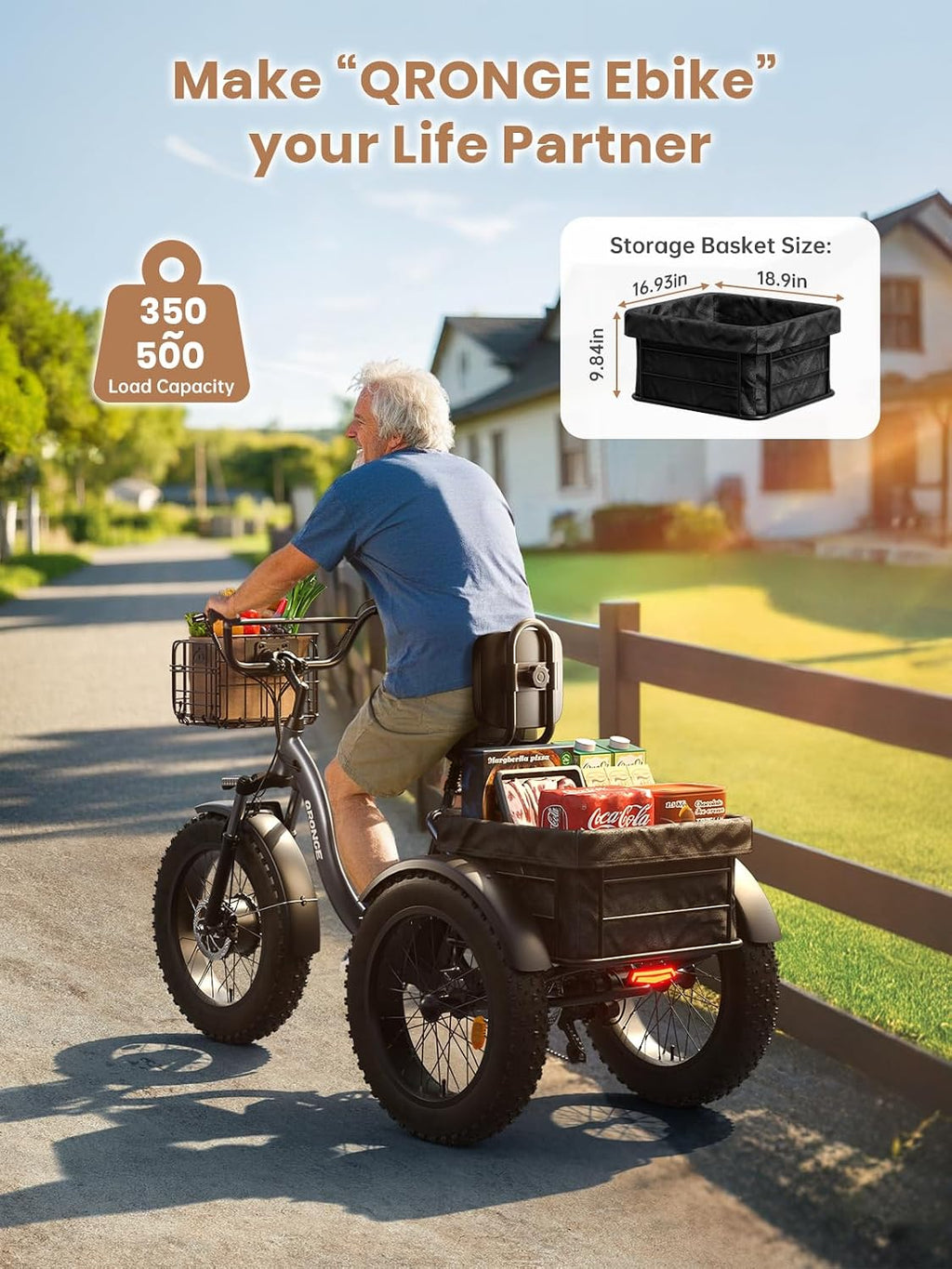 QRONGE Electric Tricycle for Adults 960W Peak, 36V 15AH Battery Ebike 50 Miles Range with Large Rear Basket, Electric Trike 20'*4' Fat Tire, Max 20MPH 3 Wheel Folding Electric Trike for Adults(Lava)