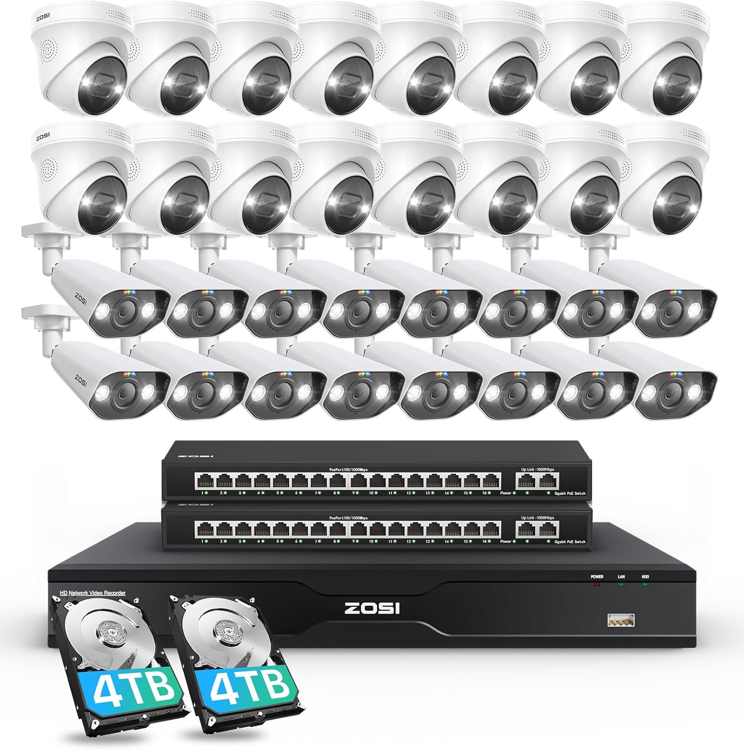ZOSI 32CH 4K PoE Security Camera System, Face Person Vehicle Detection, 2 Way Audio, Spotlight Siren, 32pcs 8MP Outdoor Indoor IP Cameras, 32 Channel 4K NVR with 8TB HDD for 24/7 Recording