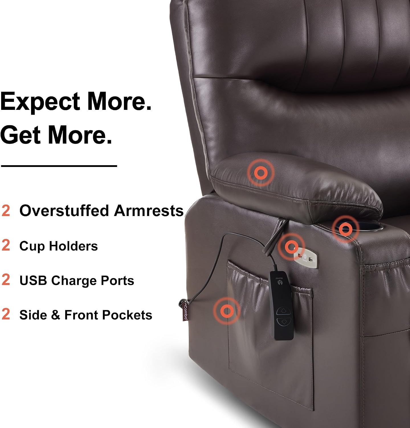 MCombo Oversized Swivel Glider Rocker Power Recliner Chair for Living Room with Heat and Vibration Massage, USB Ports, Cup Holders and Pockets, Faux Leather 7785 (Chocolate Brown)