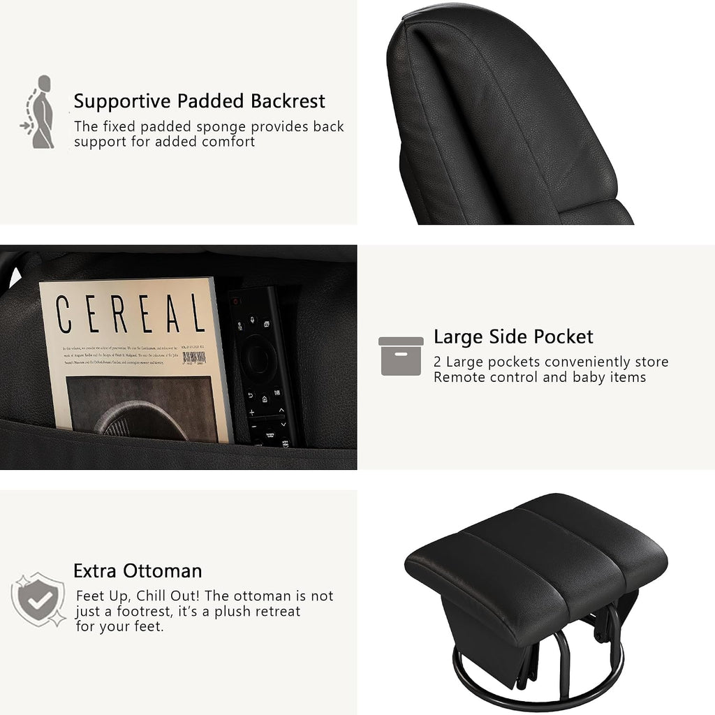 AODAILIHB 360° Swivel Glider Recliner with Ottoman, Nursing Glider Rocking Chair with Foot Rest & 2 Side Pockets for Nursery, Living Room, Bedroom, Office, Black