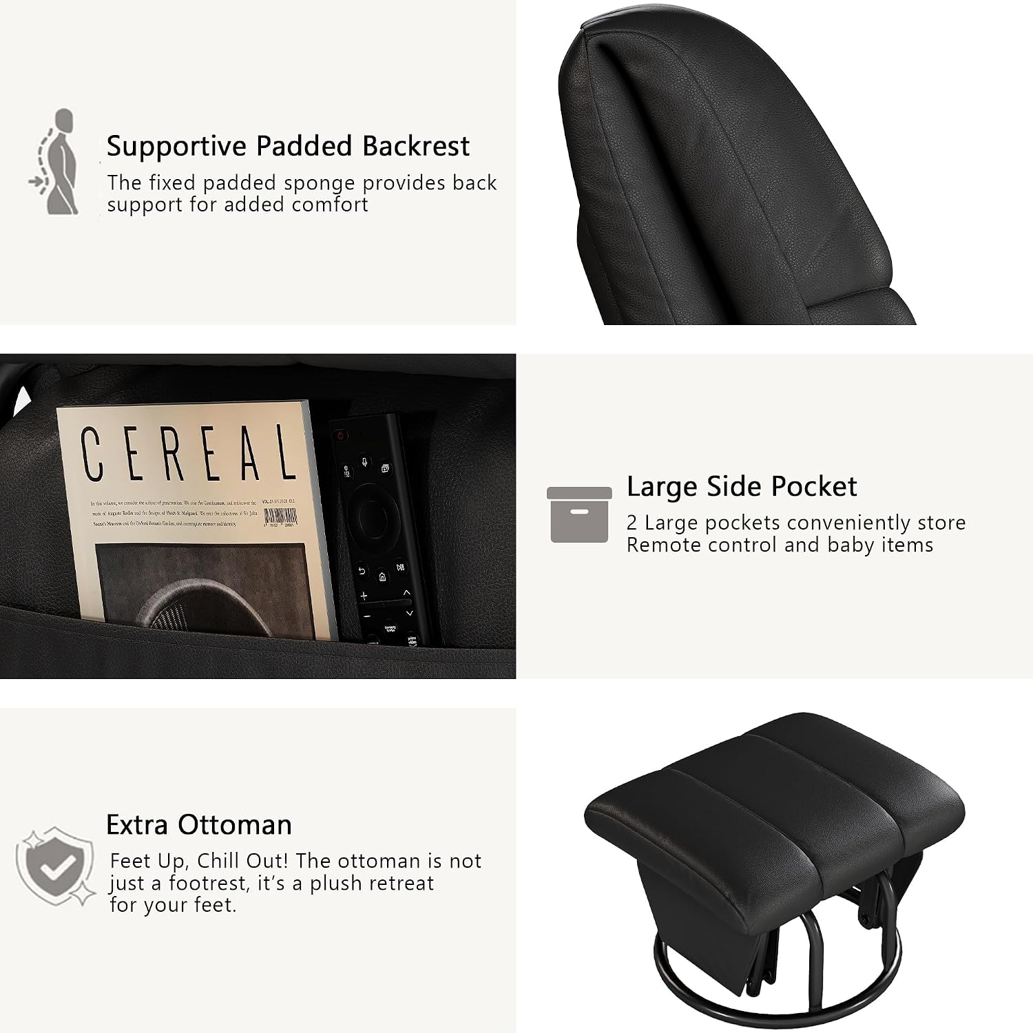 AODAILIHB 360° Swivel Glider Recliner with Ottoman, Nursing Glider Rocking Chair with Foot Rest & 2 Side Pockets for Nursery, Living Room, Bedroom, Office, Black