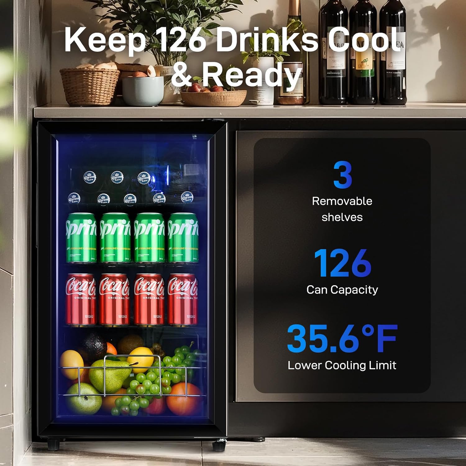 Anypro 2.6 Cu.Ft Beverage Refrigerator and Cooler, Fridge with Tempered Glass Door, 126 Cans Wine Drink Beer Fridge for Office Bedroom Bar, 7 Level Temperatures, Adjustable Shelves