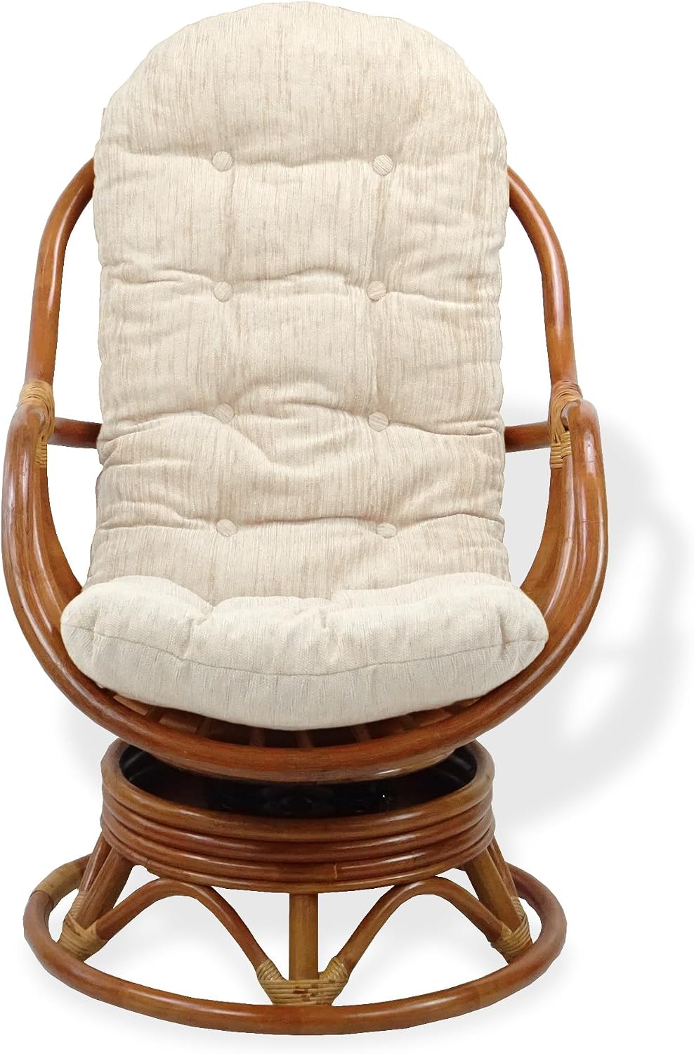 Bali Lounge Swivel Rocking Chair with Cream Cushion Natural Rattan Wicker Handmade, Colonial