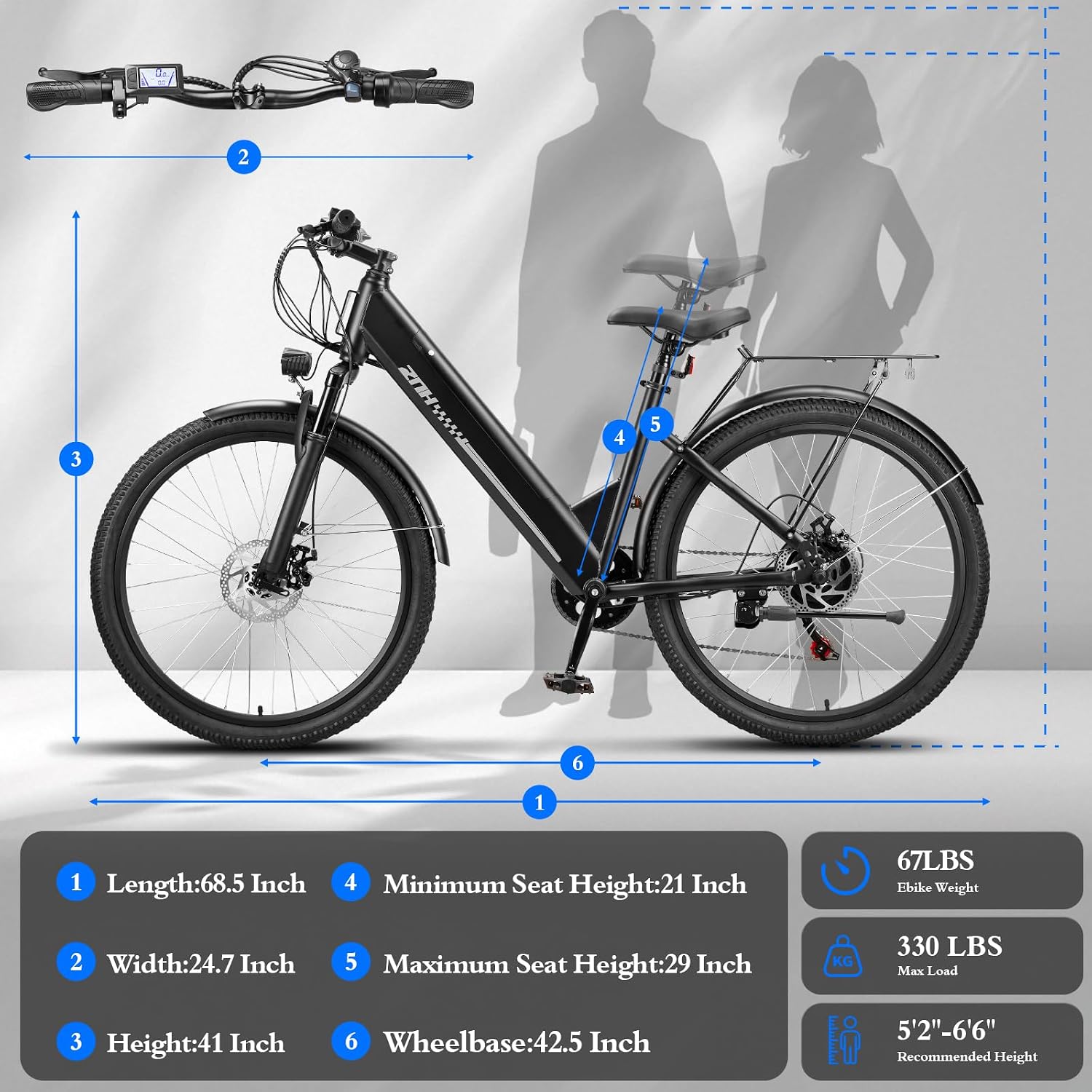 ZNH Electric Bike, 750W Peak Motor Electric Mountain Bike for Adults With 48V 13Ah Removable Battery, 20MPH 26'' Electric Bike, Suspension Fork, LED Display, Fat Tire Commuter EBike, Black (17S-Black)
