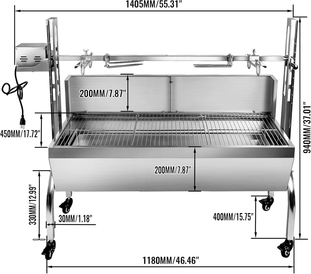 bbq rotisserie grill roaster charcoal roast machine charcoal bearing lamb spit roaster hog roasting machine for outdoor picnic camping height-adjustable (88LBS with baffle)