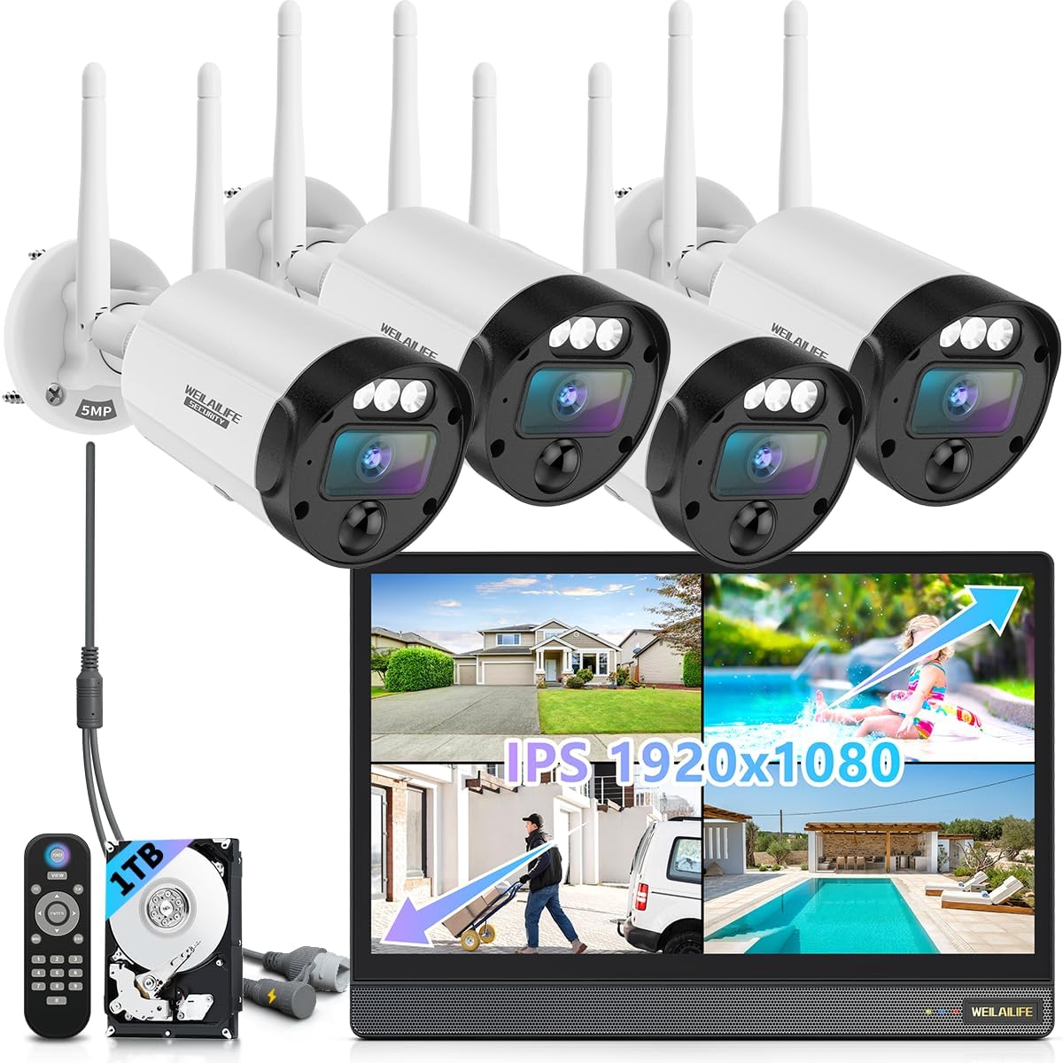 【All-in-One Security System】 5MP Outdoor Wireless Security Camera System, Home WiFi Video Security Cameras Systems, Surveillance DVR Kits