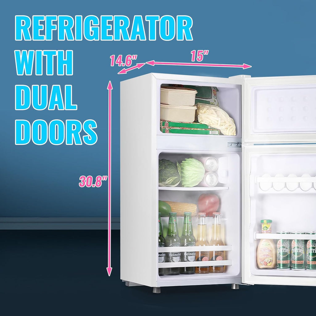 DEMULLER Retro Mini Fridge with Freezer Dual Door Apartment Size Small Refrigerator with Egg Tray, Dorm Fridge with Removable Plastic Shelves, 2.4Cu.ft, 14.96' D x 14.57' W x 30.8' H, White
