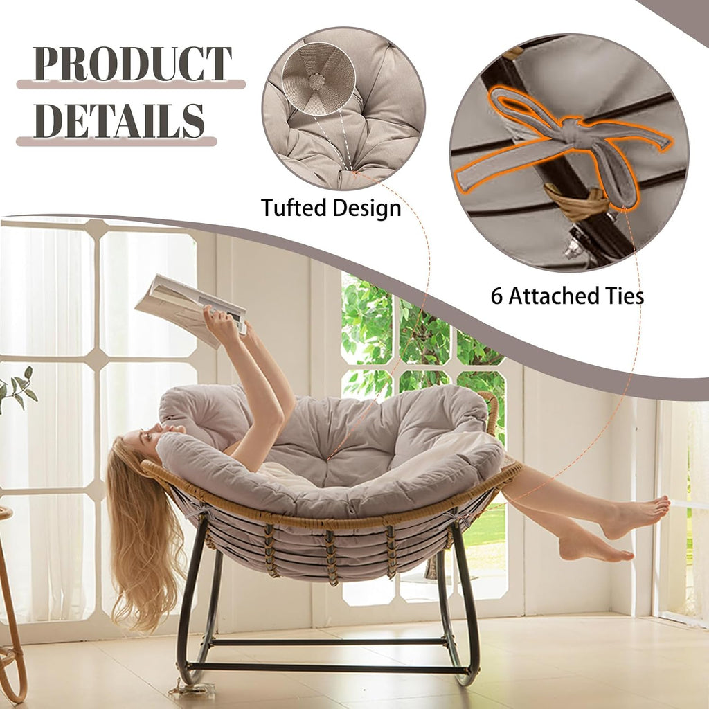 Outdoor Rocking Chair Cushions Replacement, 6''Thick Waterproof & Fade Resistant Papasan Chair Cushion with 6 Straps,Tufted Egg Chair Cushion for Indoor & Outdoor (Khaki)