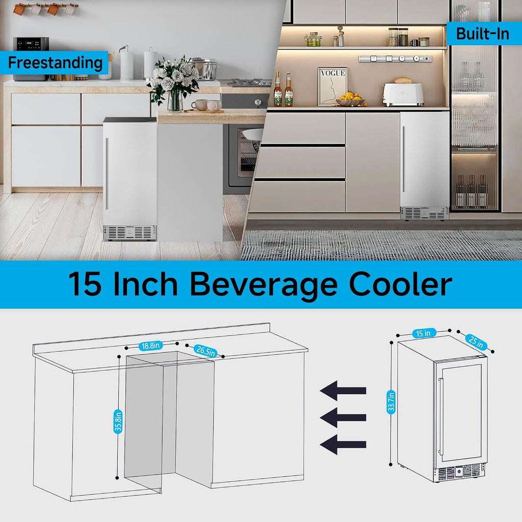 Feelfunn 15 Inch Undercounter Beverage Refrigerator - 126 Cans Beverage Fridge with Stainless Steel Door for Beer Wine Soda - Built-in or Freestanding Wine Cooler for Home Kitchen Bar