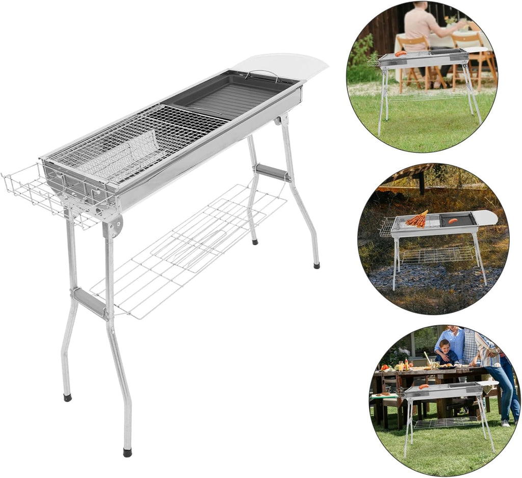 1set Portable Camping Bbq Grill Detachable Barbecue Rack Stainless Steel Construction Includes Frying Pan Fish Net Clip for Outdoor Cooking and Grilling