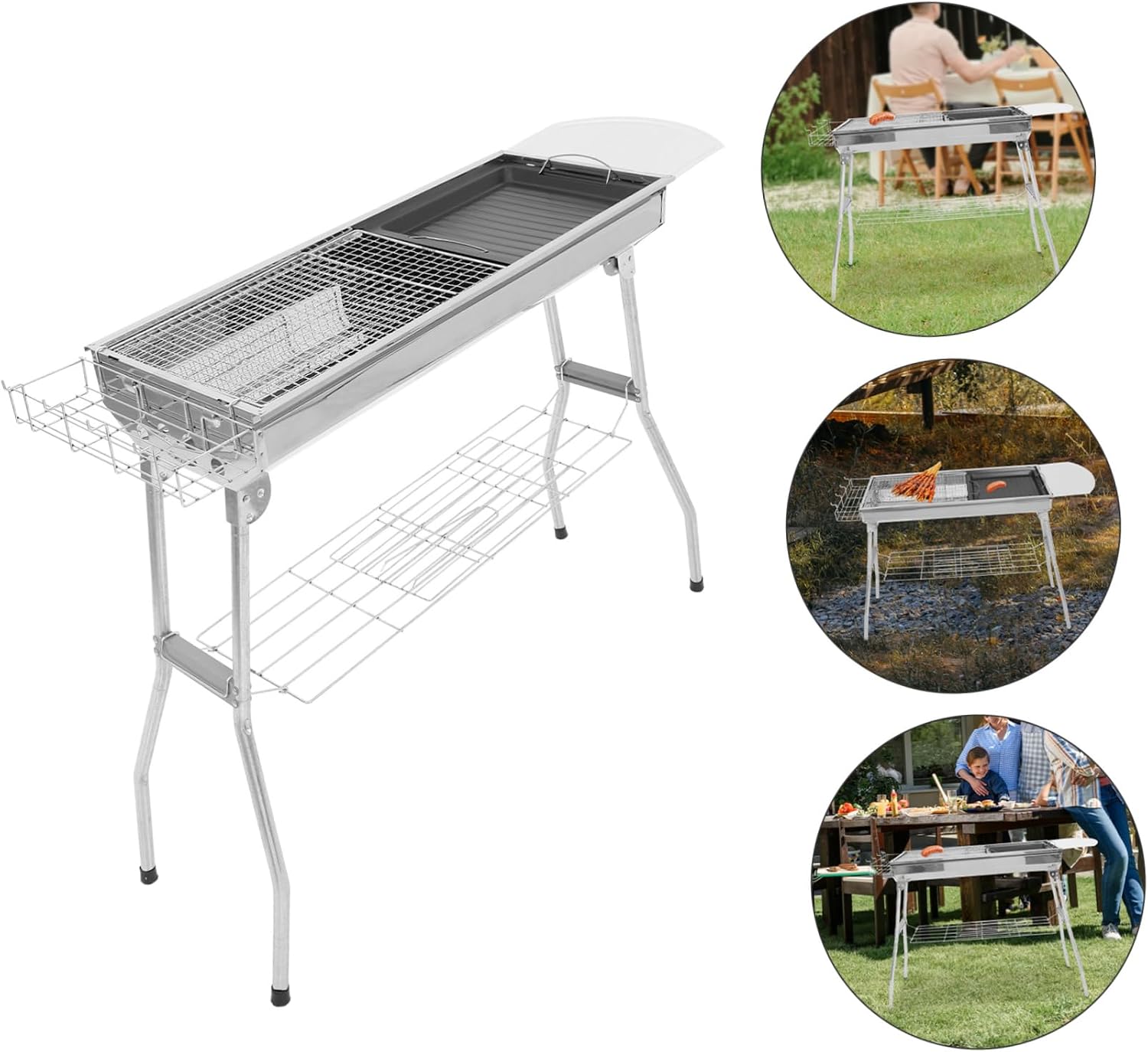 1set Portable Camping Bbq Grill Detachable Barbecue Rack Stainless Steel Construction Includes Frying Pan Fish Net Clip for Outdoor Cooking and Grilling