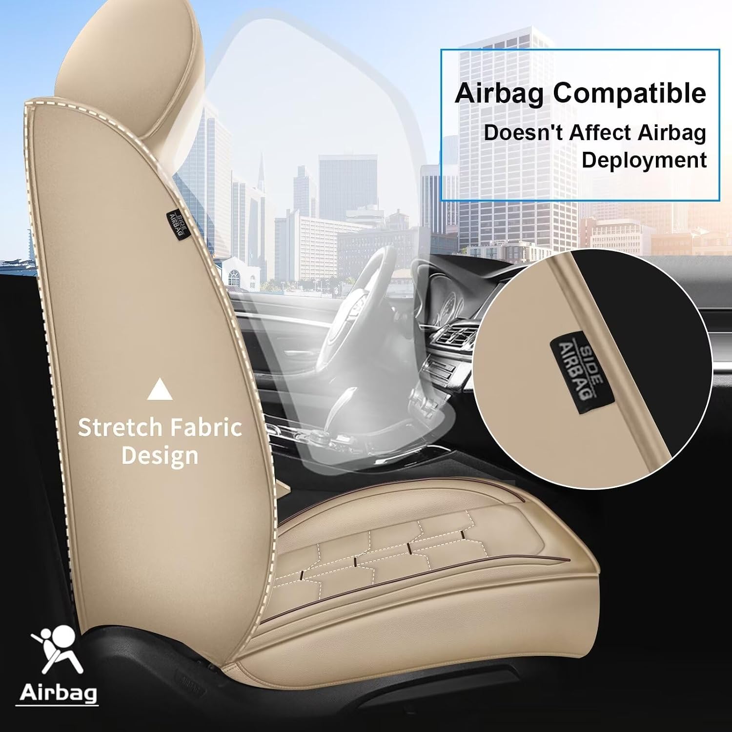 IKABEVEM Seat Covers Fit for Nissan Pathfinder 2011-2024 2025 2026 Full Set Car Seat Cover Faux Leather Seat Cushion Waterproof Auto Protectors(Beige)-2 Rows 5 Seats