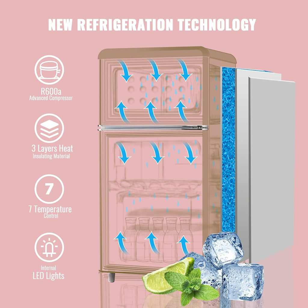 WANAI 3.5 Cu.ft Small Refrigerators Retro Mini Fridge with Freezer Yellow Full-sized Fridge Dual Door Dual Handle Classic Removable Glass Shelves Adjustable Thermostat for Home Office Dorm RV