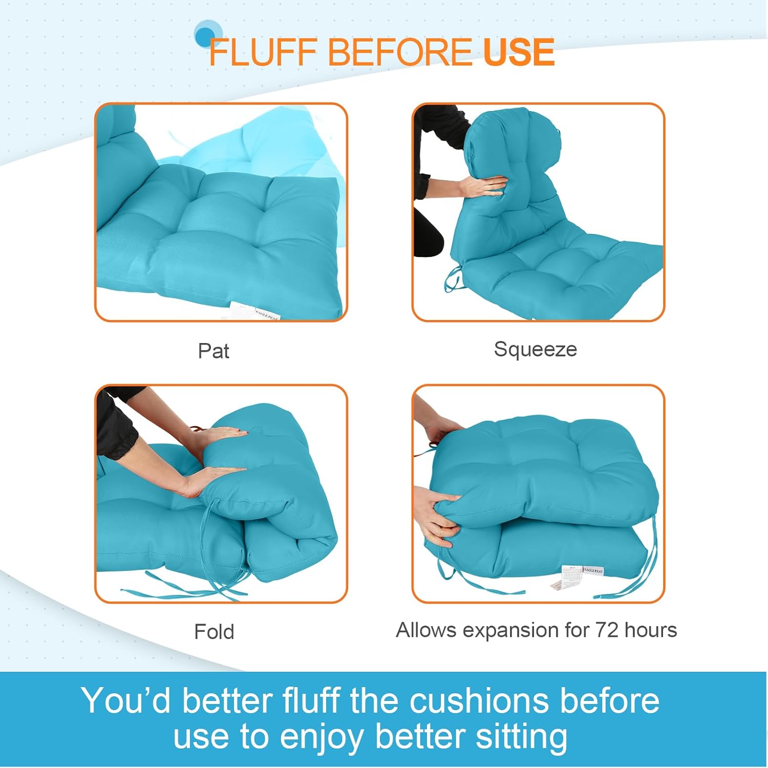 EAGLE PEAK Tufted Outdoor/Indoor Seat/Back Chair Cushions, Set of 2, 42'' x 21'', Blue