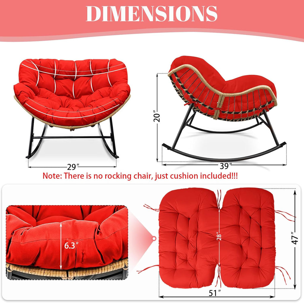 Outdoor Rocking Chair Cushions Replacement, 6''Thick Waterproof & Fade Resistant Papasan Chair Cushion with 6 Straps,Tufted Egg Chair Cushion for Indoor & Outdoor (Red)