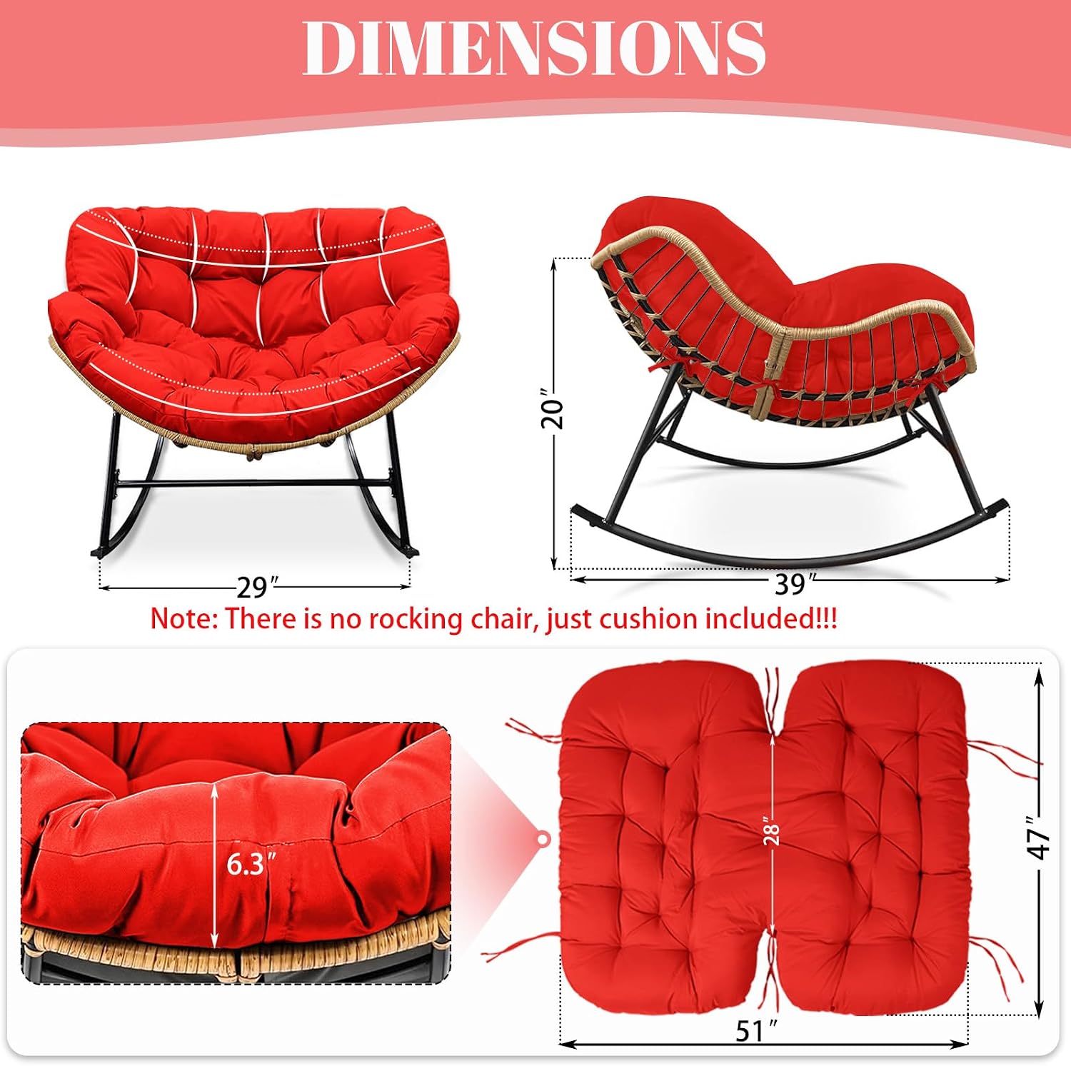 Outdoor Rocking Chair Cushions Replacement, 6''Thick Waterproof & Fade Resistant Papasan Chair Cushion with 6 Straps,Tufted Egg Chair Cushion for Indoor & Outdoor (Red)