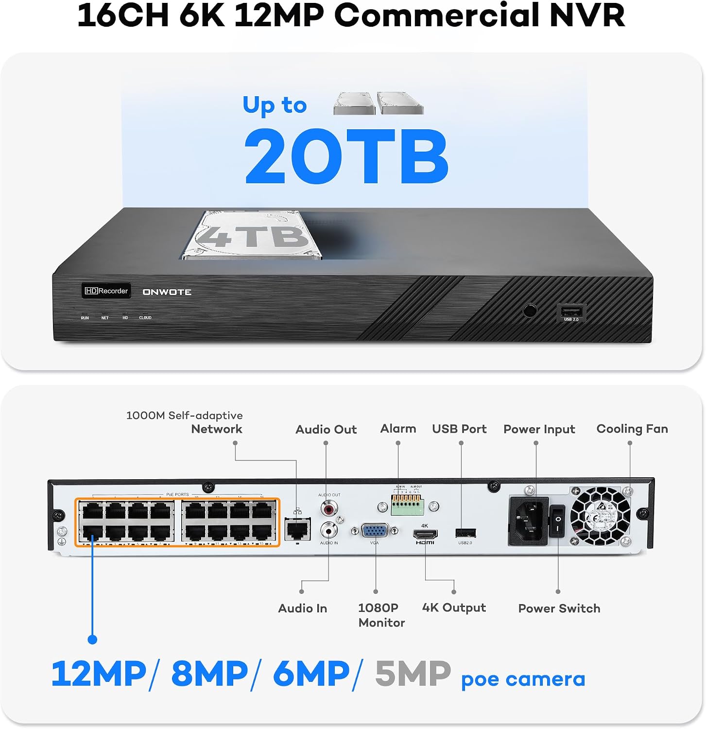 ONWOTE Face Recognition & AcuSearch, 2 Way Audio, 16 Channel Security Camera System, Smart Color Night, 16x 5MP 30FPS Vandal Proof PoE IP Cameras, 16CH 6K 4K 12MP Commercial NVR, Total 1280ft Cables