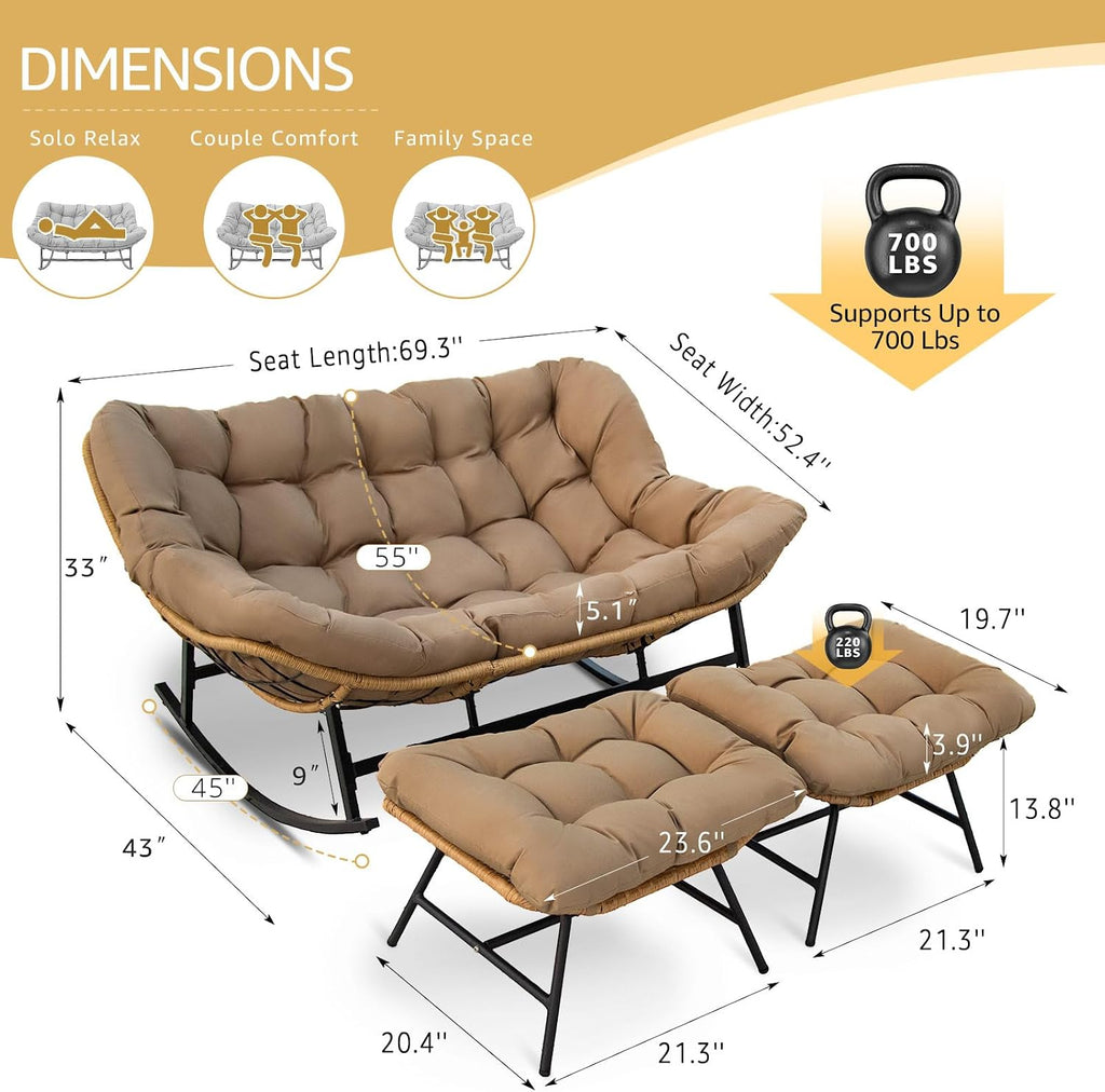 NICESOUL Patio Double Rocking Papasan Chair with Ottoman, Indoor Outdoor Padded Rocking Chair for 2 Person, Oversized Egg Loveseat Wide Rattan Cozy Royal Rocker for Lawn, Garden, Deck, Tan