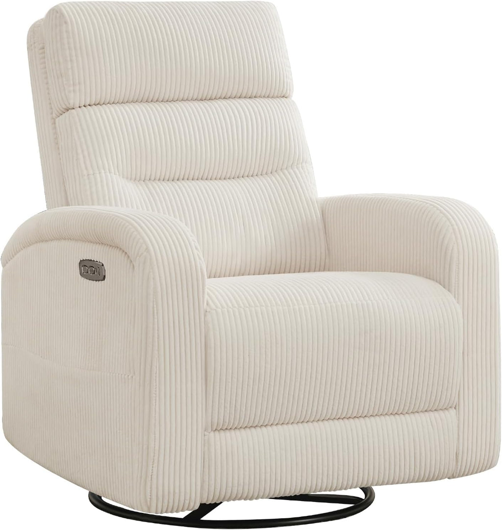 Power Swivel Rocker Recliner Chair for Nursery, Swivel Reclining Rocking Chairs, Electric Glider for Living Room, Upholstered Recliner Chairs for Bedroom, Corduroy White