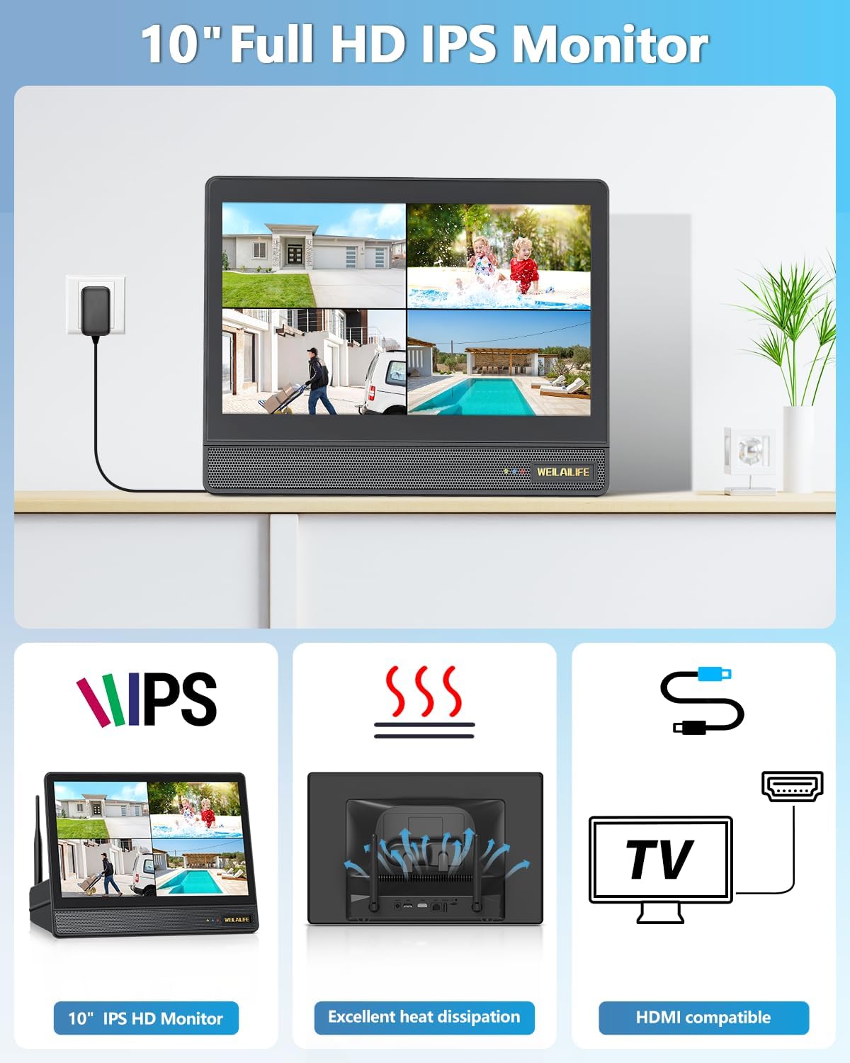 WEILAILIFE 5MP Wireless Security Camera System with 10' Monitor, Outdoor WiFi Home Video Cameras Systems Surveillance DVR Kits