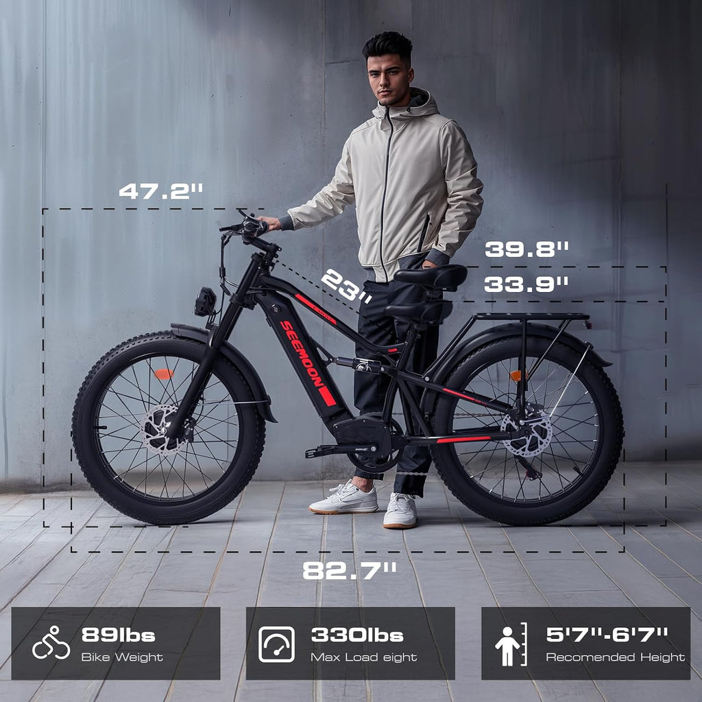 Seemoon 4000W Dual Motor Electric Bike for Adults,36 MPH Max up to100-Miles,52V 20Ah Battery & 160 Nm ,26' Fat Tire Mountain Ebike for Men Women,Full Suspension E-bike for Commuter Hunting Off-Road
