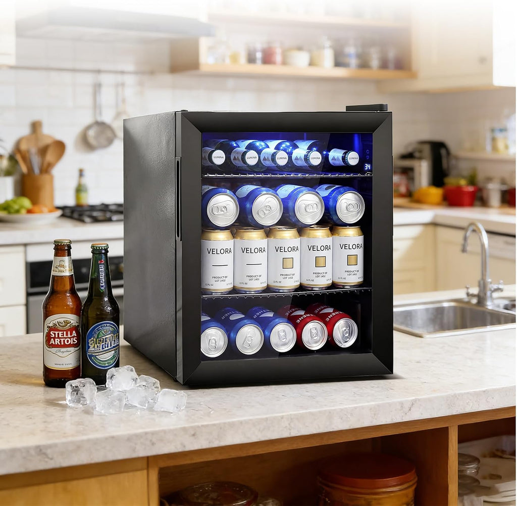 Mini Beverage Refrigerator - Small Beverage Fridge with Glass Door for Soda Beer Wine – Countertop Drink Cooler for Home, Dorm, Office or Bar, Electronic Temperature Control，1.4cu.ft.Black