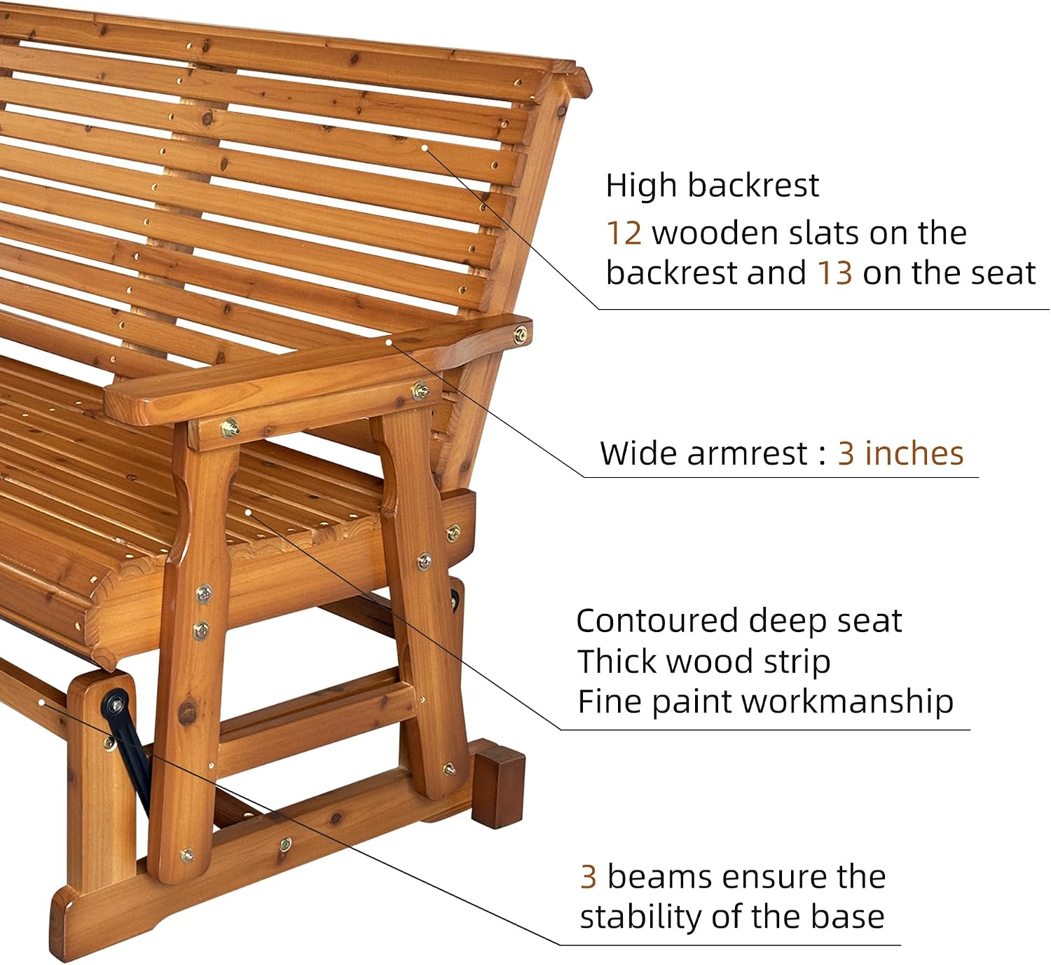 Fortune Candy Wooden Patio Glider with High Roll Back and Deep Contoured Seat, Solid Fir Wood, 2-Seater, Heavy Duty 800 LBS, 4 Ft. (PU Brown)