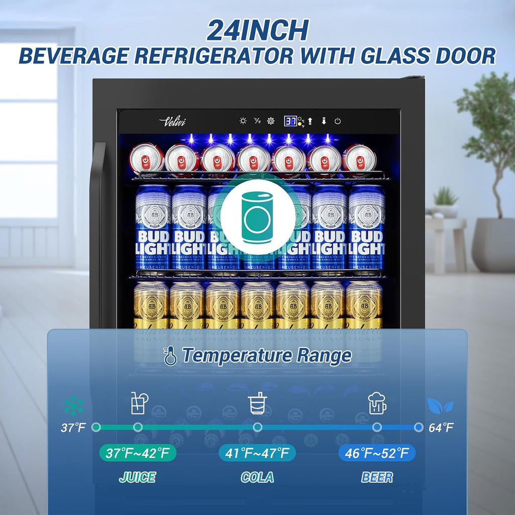 Velivi 24 Inch Beverage Refrigerator Under Counter, 24' Space Built-In Beer and Drink Fridge with Glass Door for Soda, Water, and Milk - For Kitchen, Bar or Office