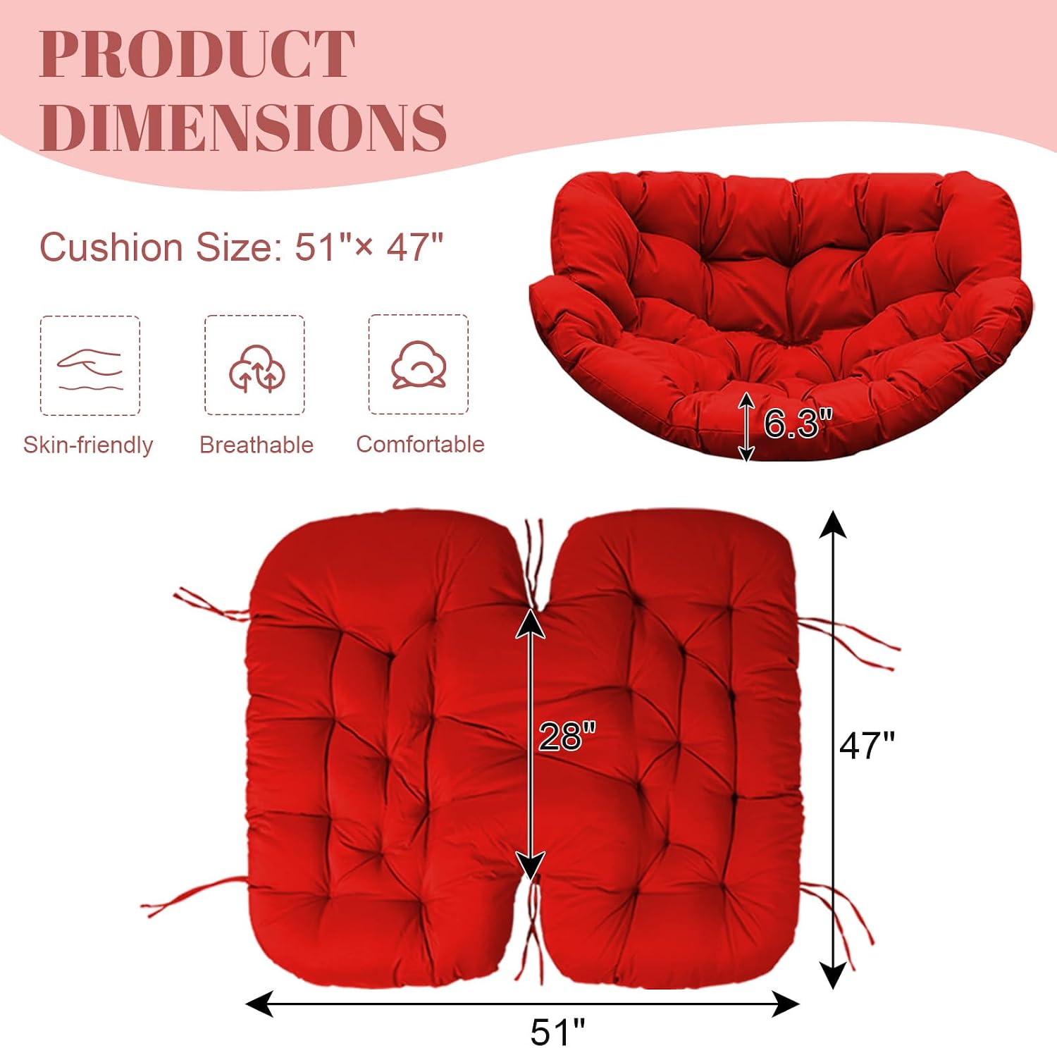 Thickened Waterproof Papasan Rocking Chair Cushion, 6.3'' Patio Egg Chair Pad with Ties, Outdoor/Indoor Rattan Hammock Cushions for Porch, Garden, Balcony(Only Cushion no Chair) (Red)