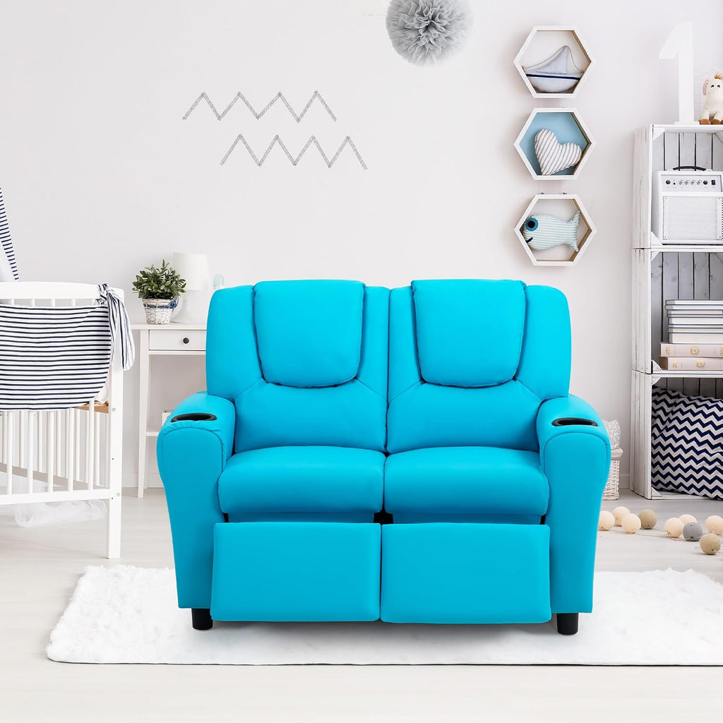 AVAWING Toddler Recliner, Double Children Couch with Cup Holder, PU Leather Kids Sofa, Kids Loveseat w/Adjustable Footrest & Headrest for Boys and Girls 3+ Age Group, Blue
